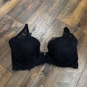 Victoria's Secret Black Lace Plunge Bra Gold V Hardware 38DDD